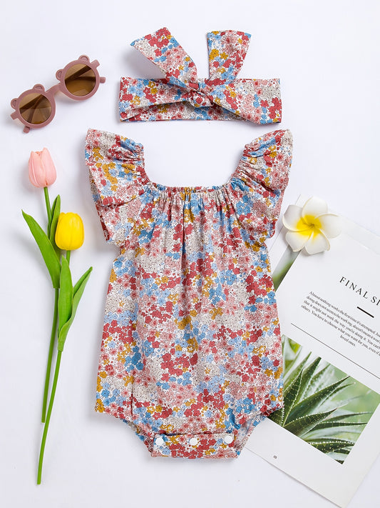 Newborn Infant Floral Romper Bodysuit & Headband for Baby Girls