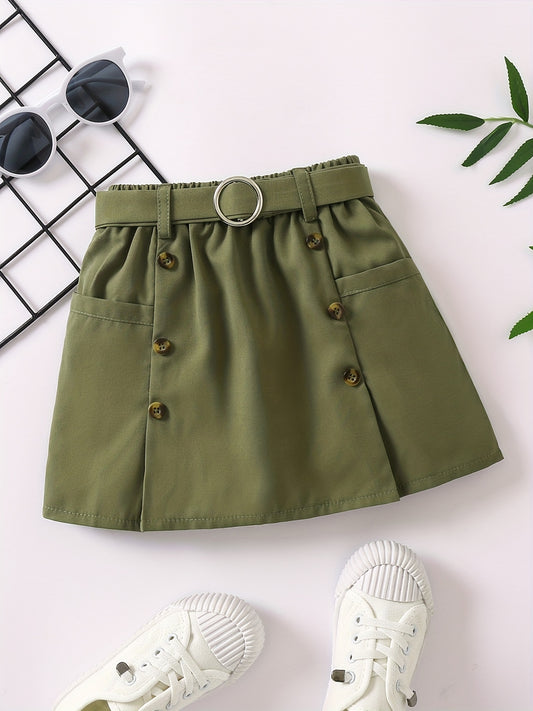 Girls Belted Skirt Casual Tunic Button Elastic Waist Preppy Skirts
