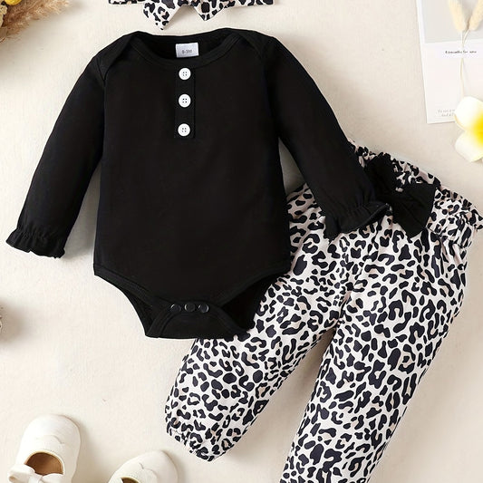 Baby Girl Long Sleeve Romper & Leopard Pant & Headband Set