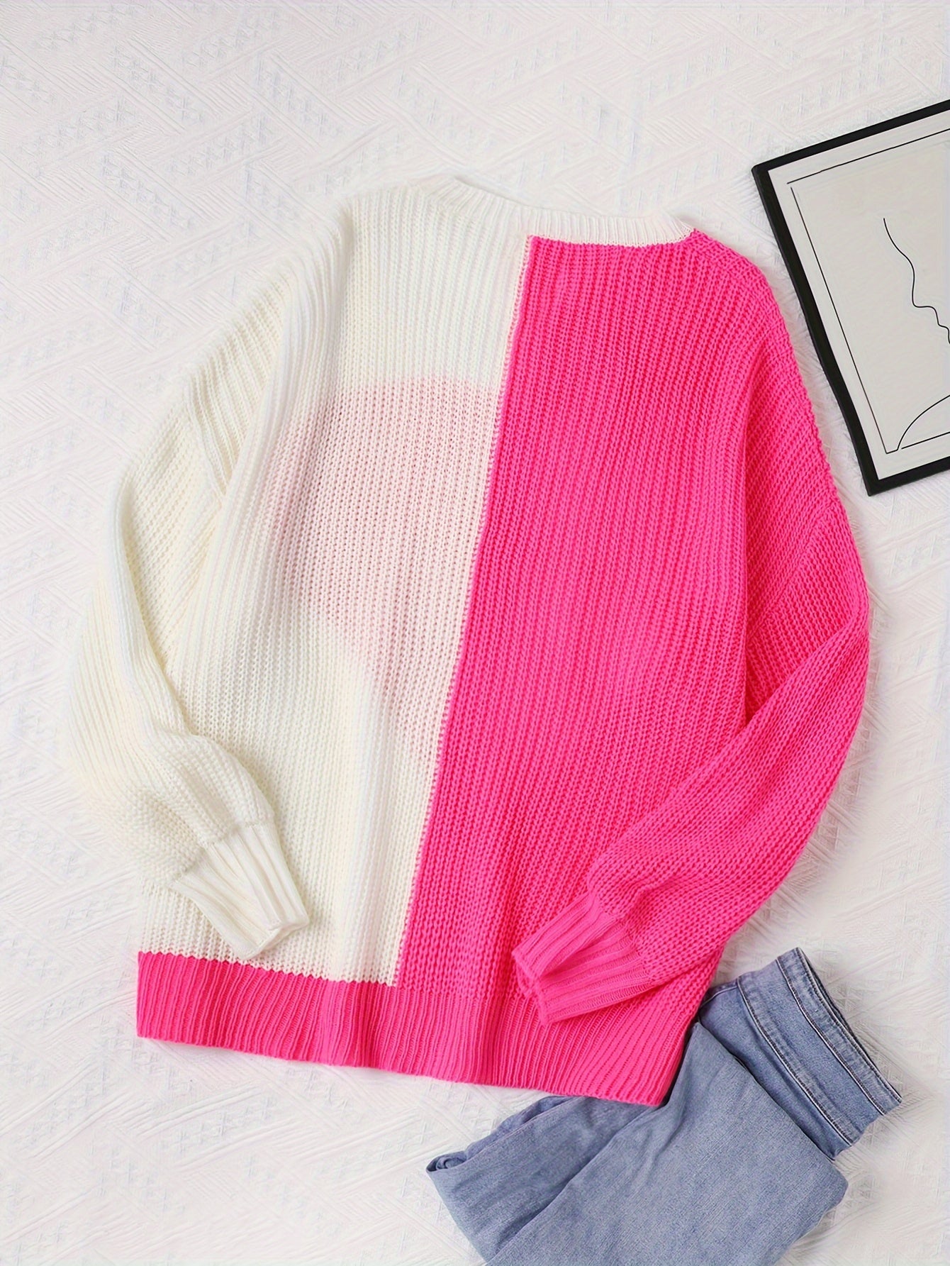  Colorblock Heart Long Sleeve Round Neck Jumper