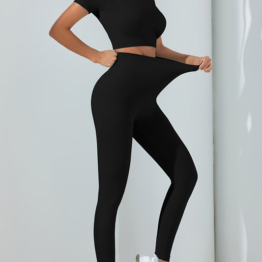 Solid Workout Set Crop Top & Leggings Women's Activewear