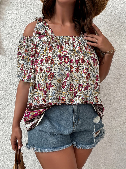  Boho Blouse Women's Plus Colorblock Floral Print