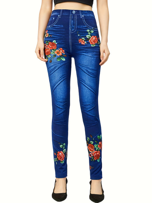 Floral Denim Print High Rise Stretch Leggings