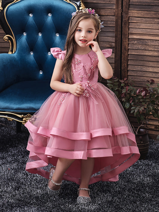 Girls Mesh Flower Embroidered Princess Dress Party Performance