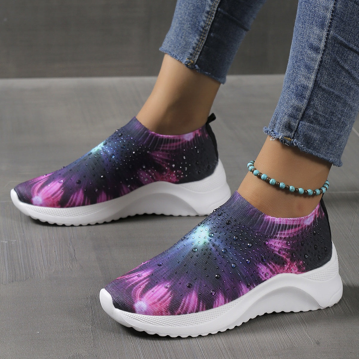 Women's Rhinestone Decor Knit Sock Shoes Low Top Slip On Sneakers