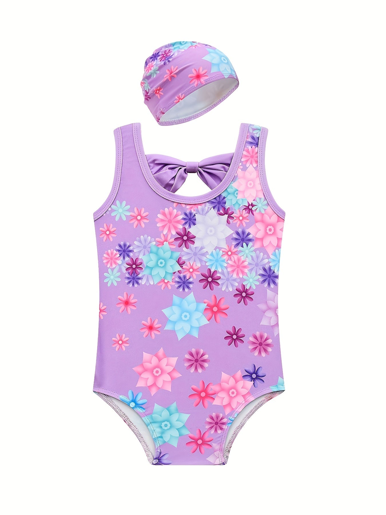 Girls 2pcs Swimsuit Tankini & Swim Cap Floral Print Bow Decor