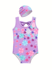Girls 2pcs Swimsuit Tankini & Swim Cap Floral Print Bow Decor