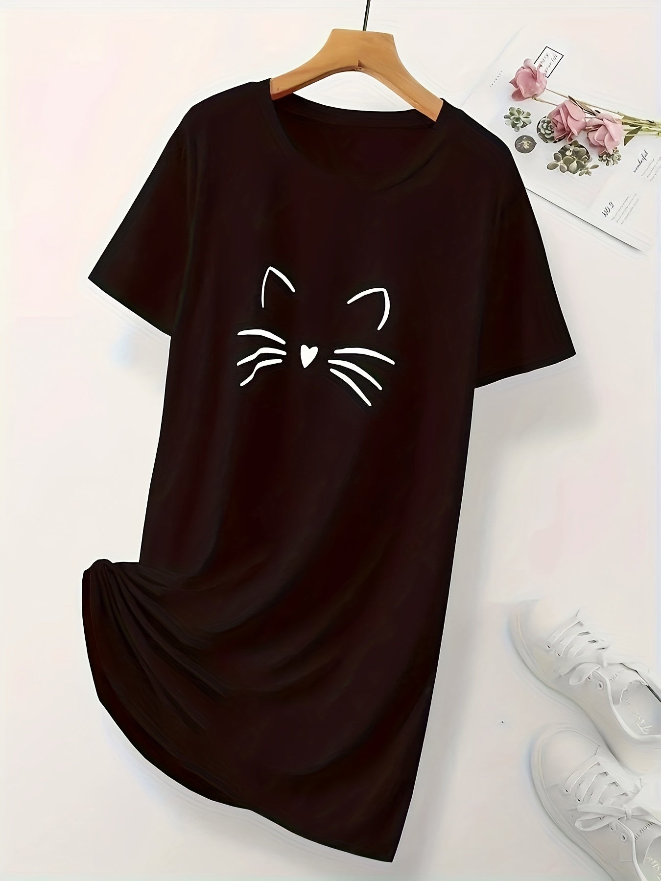 Cartoon Cat Print NightDress Short Sleeve Pajama Dress