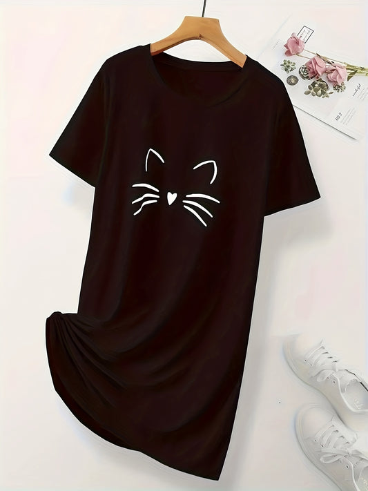 Cartoon Cat Print NightDress Short Sleeve Pajama Dress