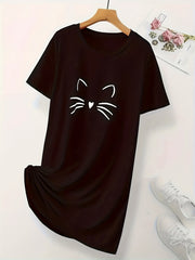 Cartoon Cat Print NightDress Short Sleeve Pajama Dress