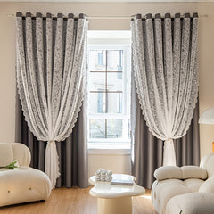 Gray Blackout Window Curtain With Tulle Overlay For Room Decor