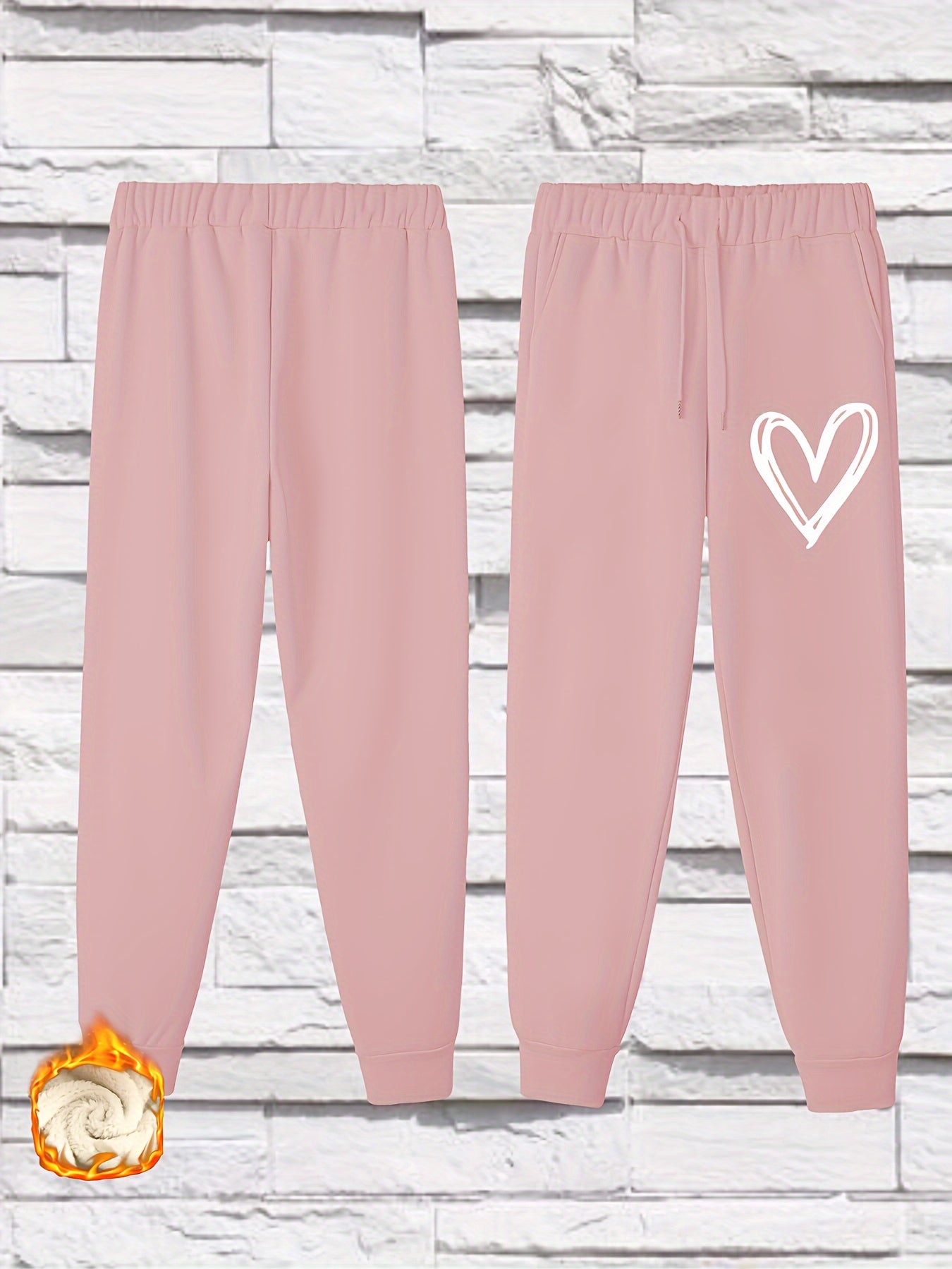  Heart Print Fleece Joggers with Drawstring Waist