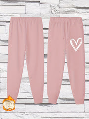  Heart Print Fleece Joggers with Drawstring Waist