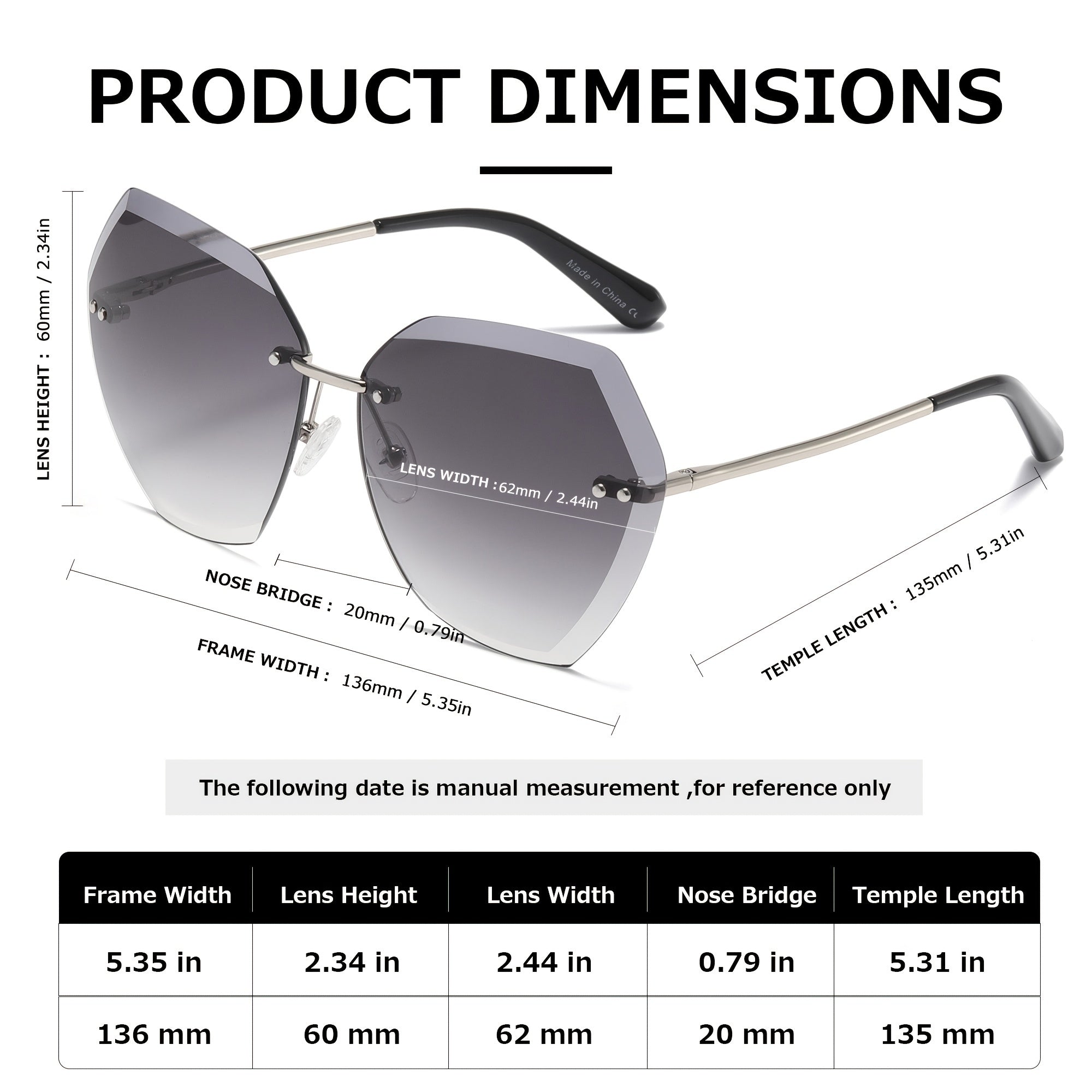 Vintage Square Sunglasses Women Stylish Rimless Oversized Sun Protection