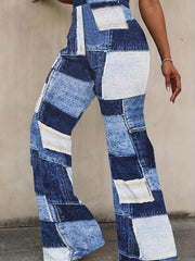  Denim Print High Waist Flared Leg Stretch Trousers