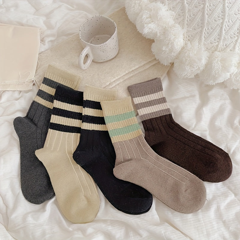 5 Pairs Striped Crew Socks Mid Tube Soft Stockings Women's Hosiery