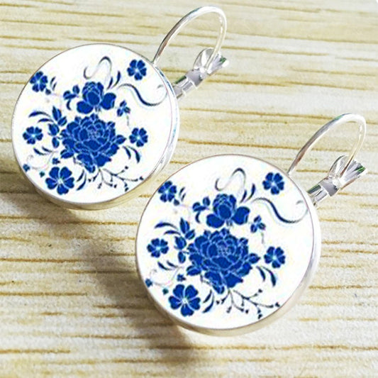 Chinese Style Time Gemstone Flower Porcelain Earrings Ear Hook