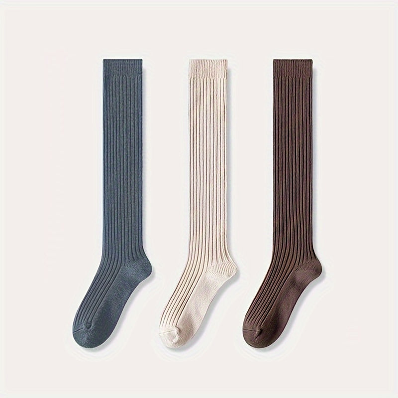 3 Pairs Solid Ribbed Calf Socks Knee High Stockings Women's Hosiery