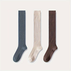 3 Pairs Solid Ribbed Calf Socks Knee High Stockings Women's Hosiery