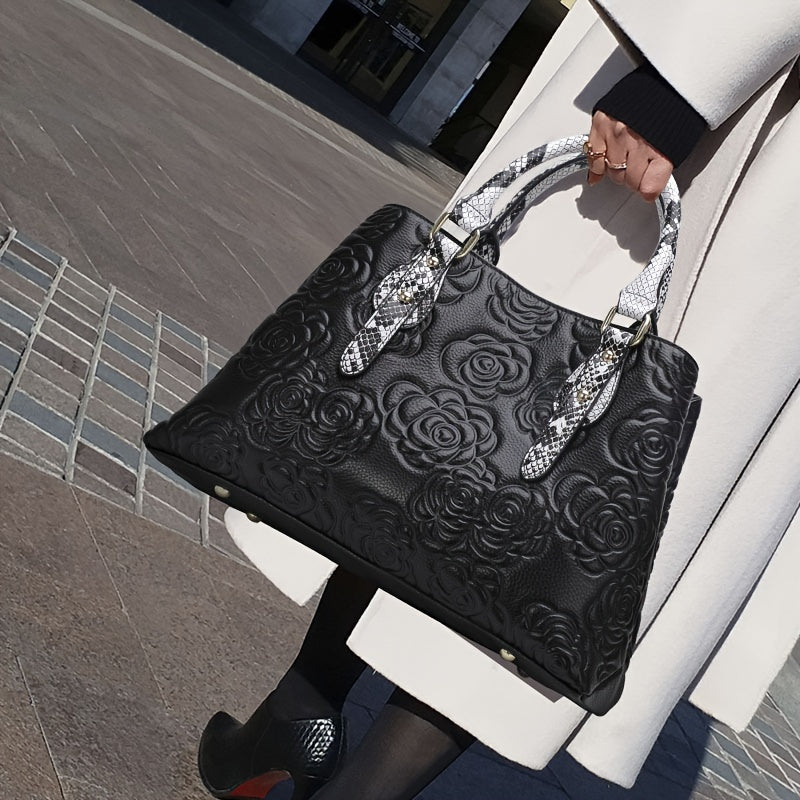 Floral Embossed Leather Tote Bag with Snake Print Handles