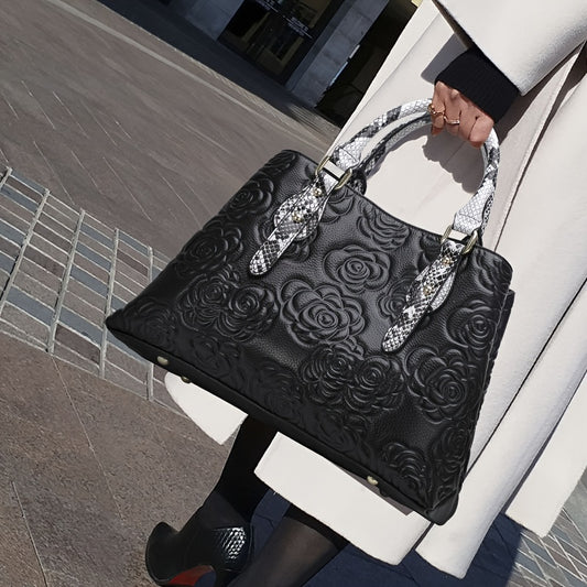 Floral Embossed Leather Tote Bag with Snake Print Handles