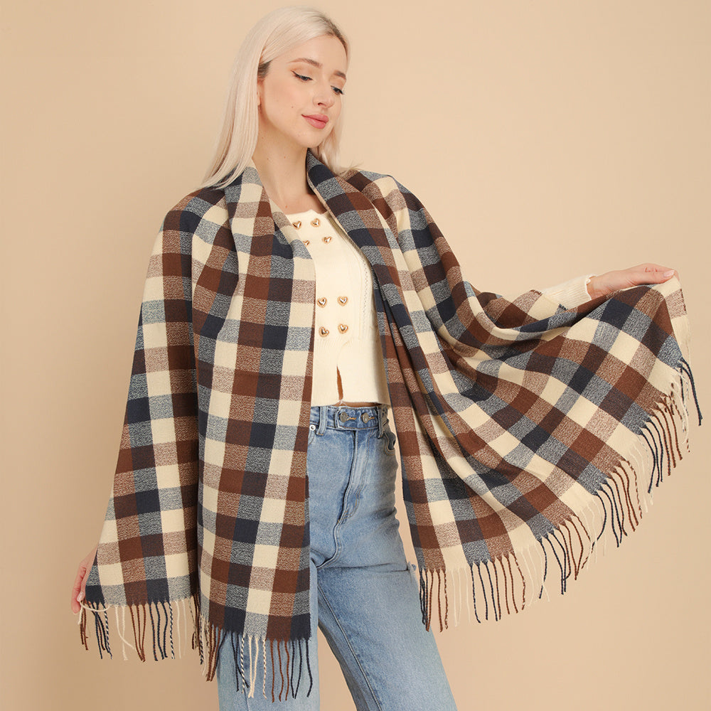 Women's Plaid Scarf Warm Shawl Long Tassel Scarf