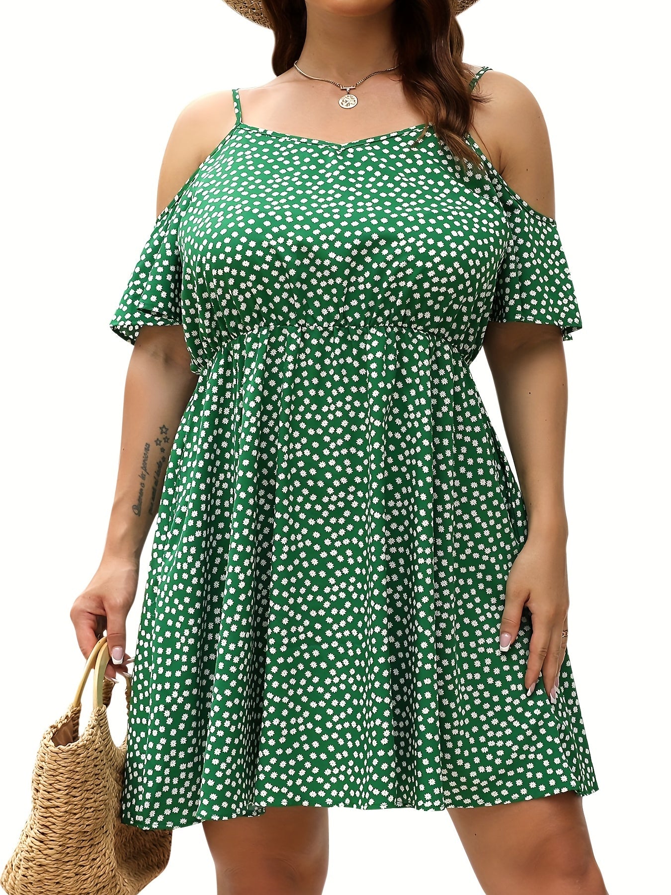  Women's Ditsy Floral Print Cold Shoulder Dress