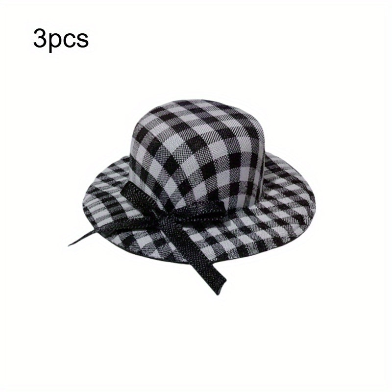 3pcs Grid Bow Hat Small Top Hat with Bow DIY Craft Doll Accessories