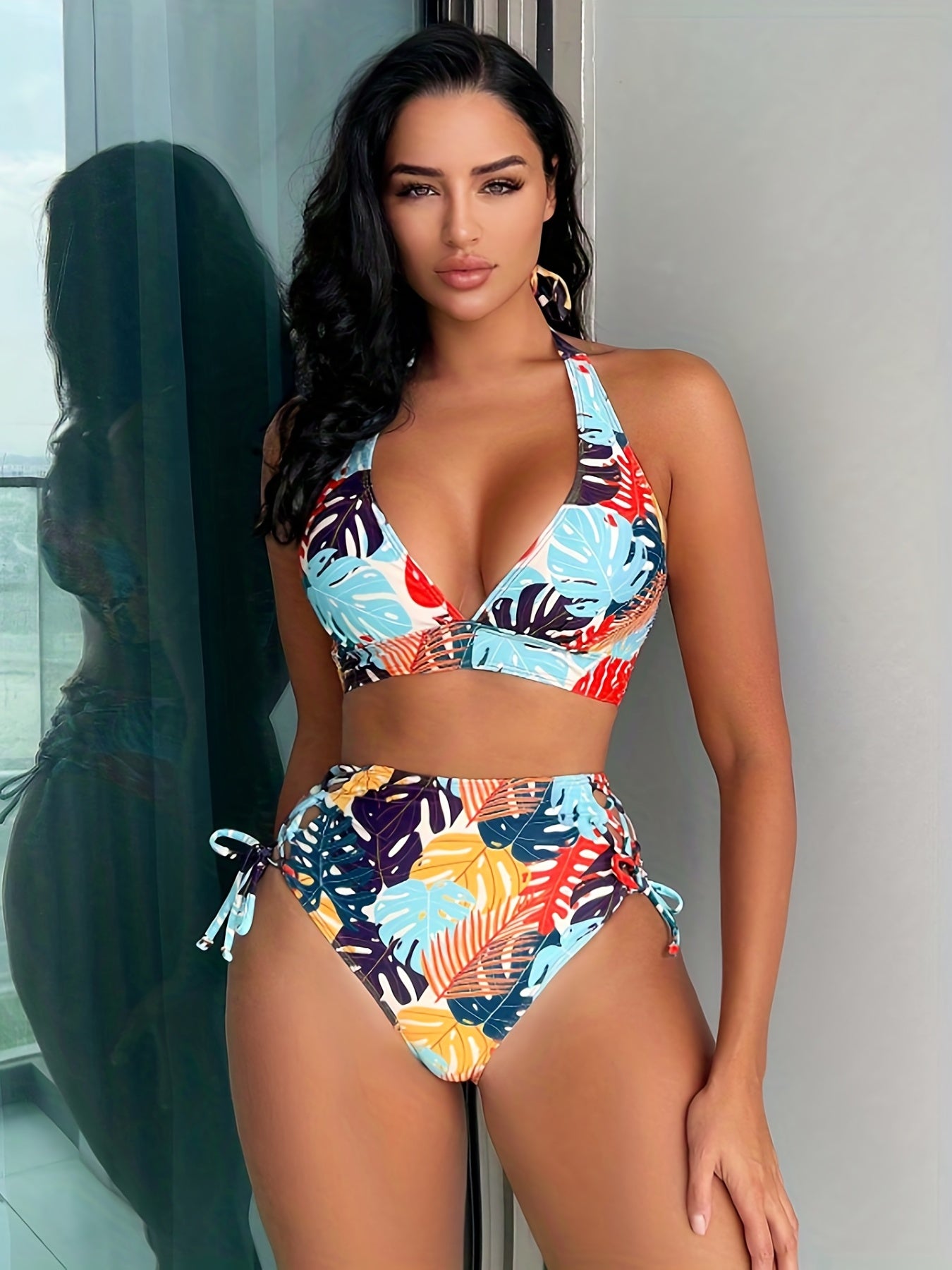Leaf Print Halter Neck Bikini Set V Neck High Cut Tie Side Cut Out Swimsuit