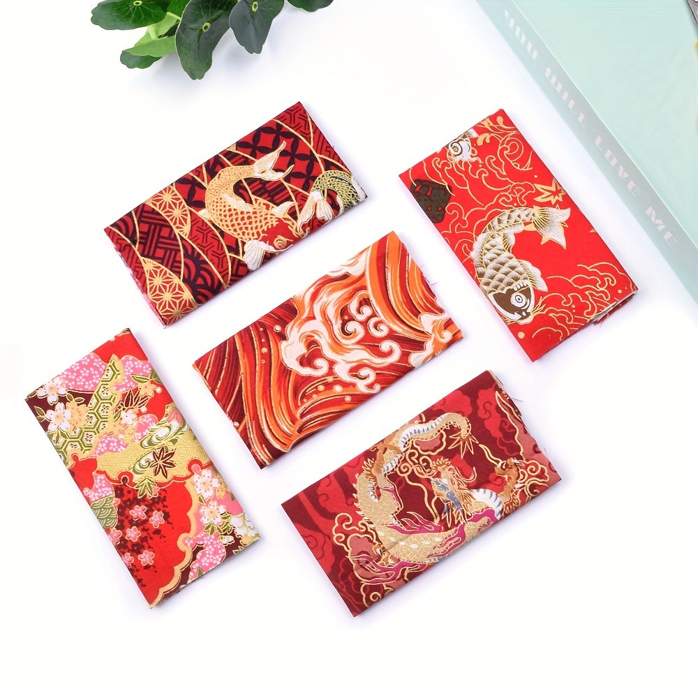 5pcs Japanese Fabric Bundle: Red Cotton for Patchwork Dolls & Bags Quilting