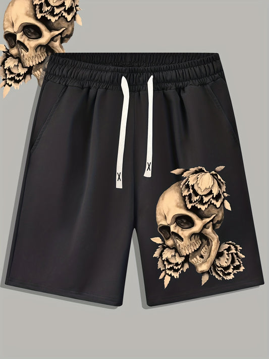 Skull & Flower Print Men's Casual Drawstring Shorts