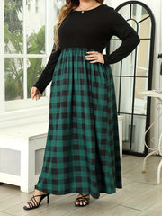  Colorblock Gingham Print Maxi Dress With Pockets