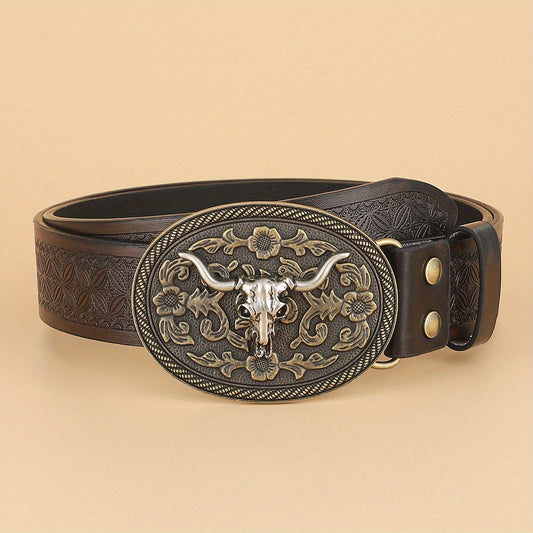 Vintage Coffee Cowboy Belt with Animal Head Buckles