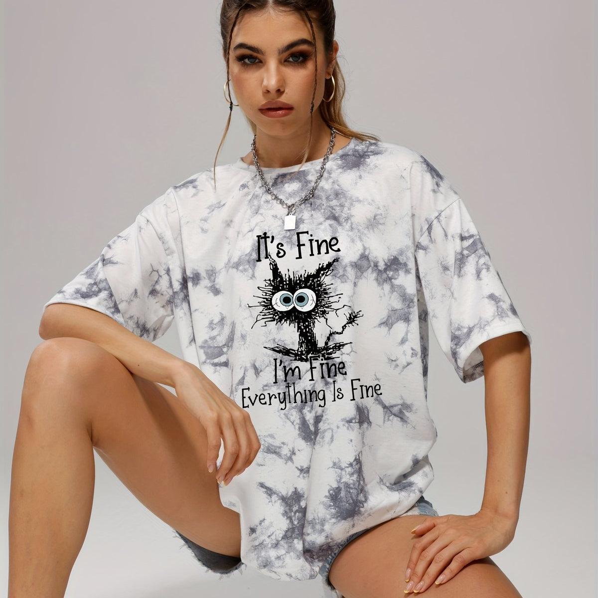 Tie Dye Funny Cat Pattern Casual Sports T-shirts Women's Clothing