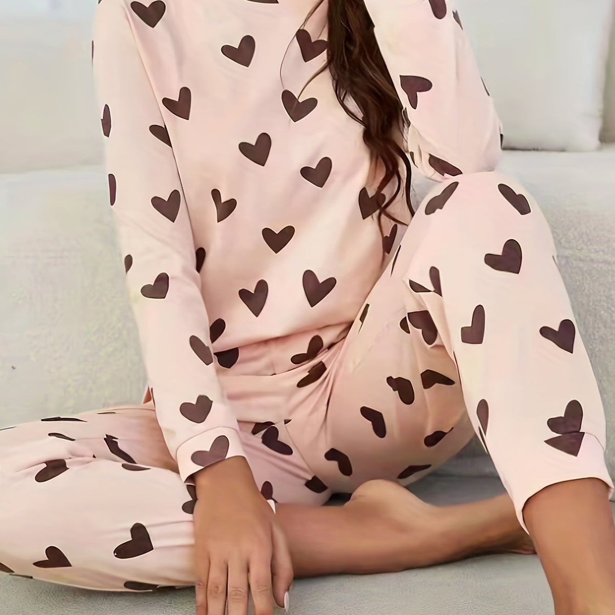 Heart Print Pajama Set Long Sleeve Top & Pants Women's Sleepwear