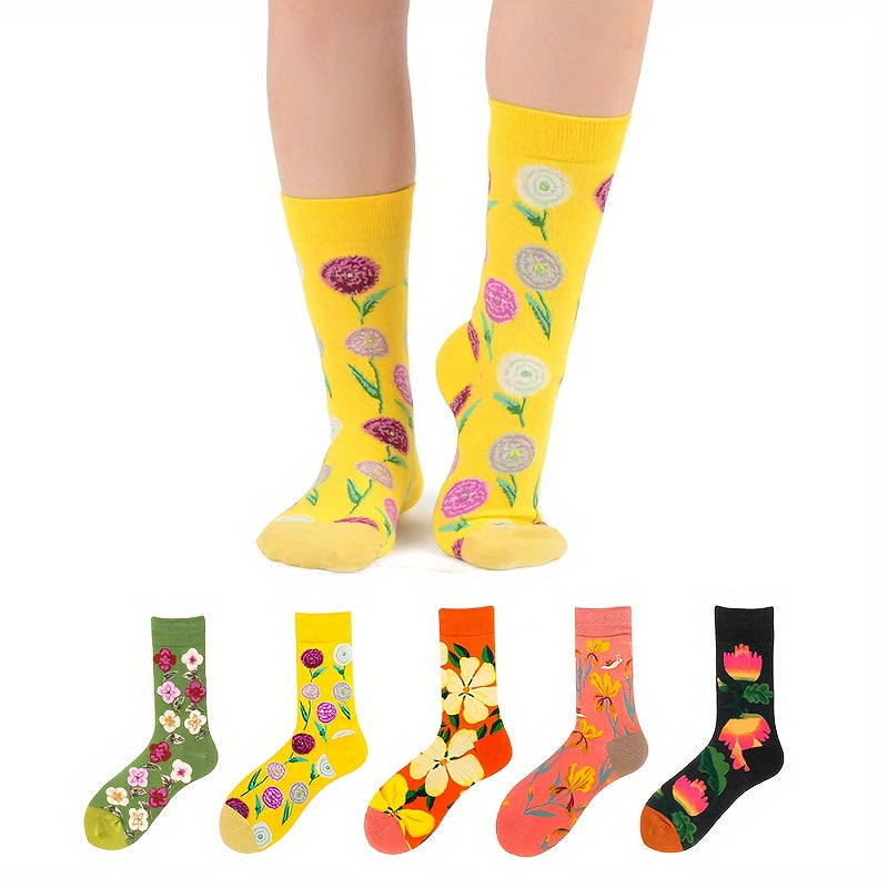 5 Pairs Floral Print Socks Breathable Women's Mid Tube Stockings