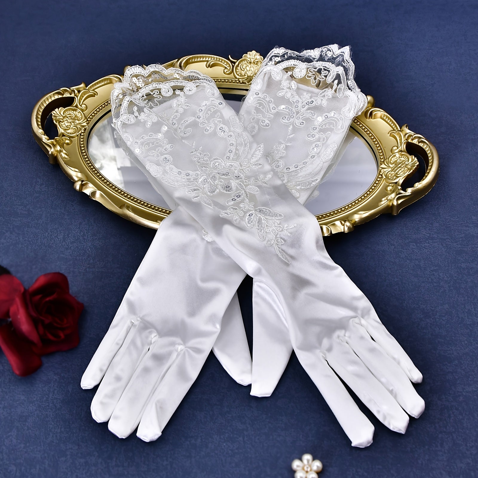 Satin Bridal Gloves with Sequin Accents Long Sleeve