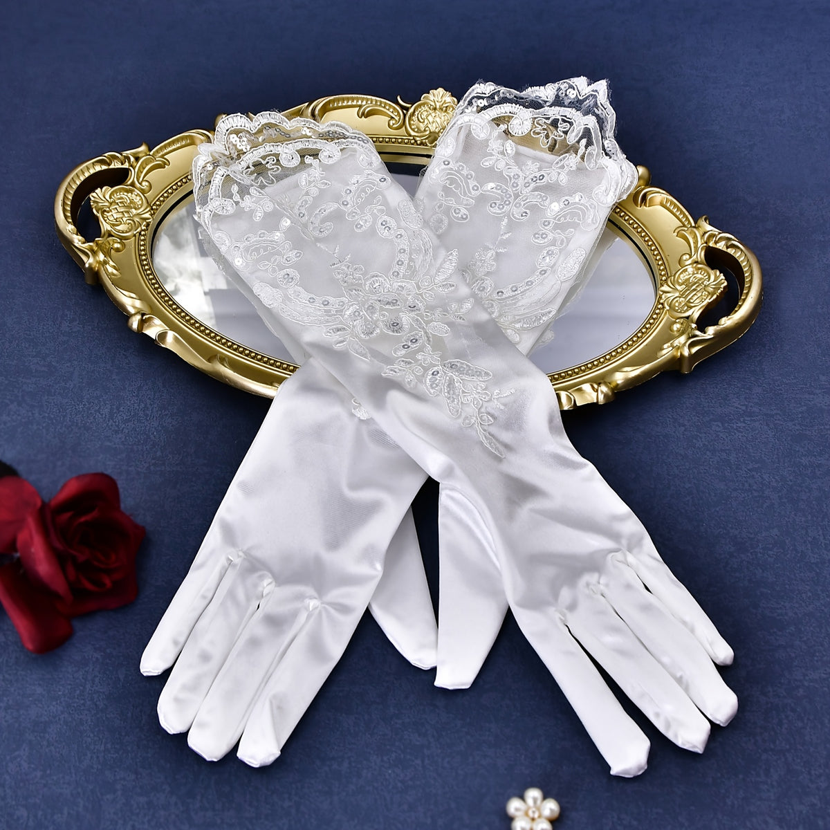 Satin Bridal Gloves with Sequin Accents Long Sleeve