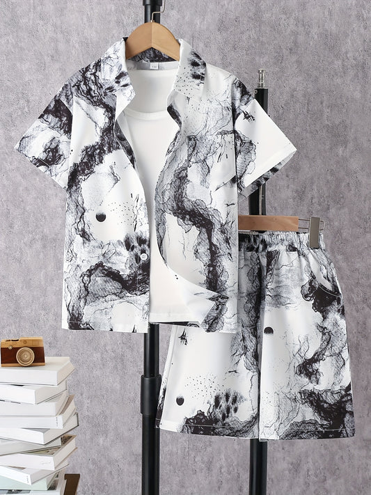 Boys Ink Painting Casual Outfit Short Sleeves Shirt & Shorts