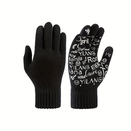 Winter Letter Printed Warm Knitted Gloves Touch Screen Thick Gloves