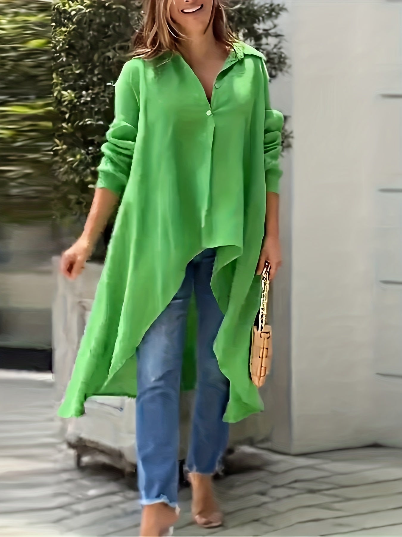  Solid Button Long Sleeve Casual Blouse