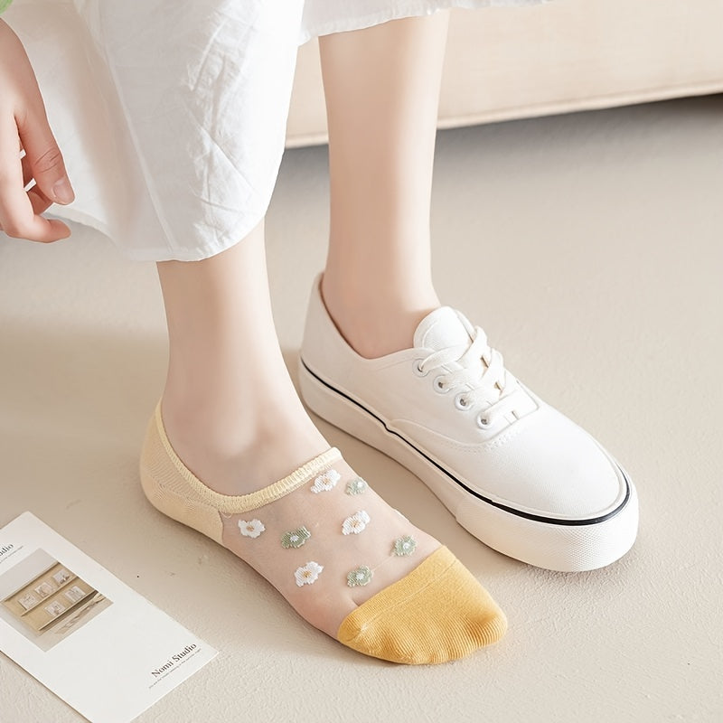 5 Pairs Small Flower Sheer Crew Socks Lightweight Breathable Boat Stockings