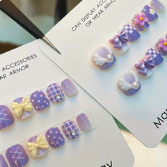 12pcs Purple Pink Cartoon Nail Tips Short Oval Shape Press On Nails