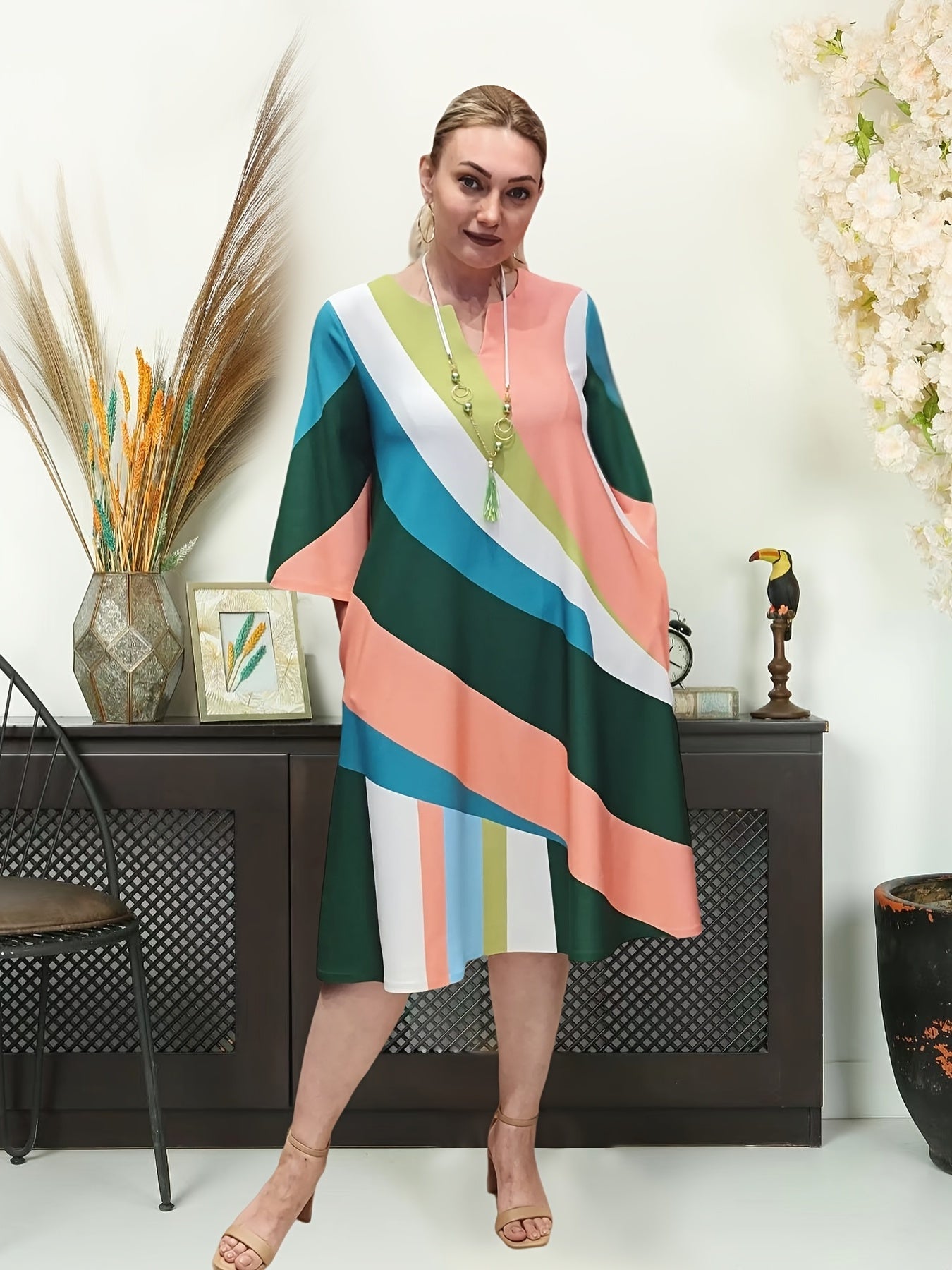  Colorblock V Neck 3 4 Sleeve Midi Dress With Pocket