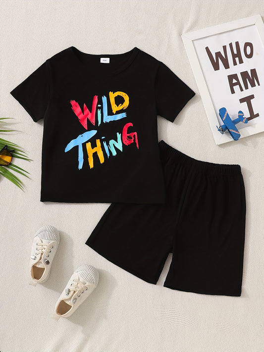 2pcs Little Boy Wild Thing Short Sleeve Tees & Shorts Set Cute Summer Outfit