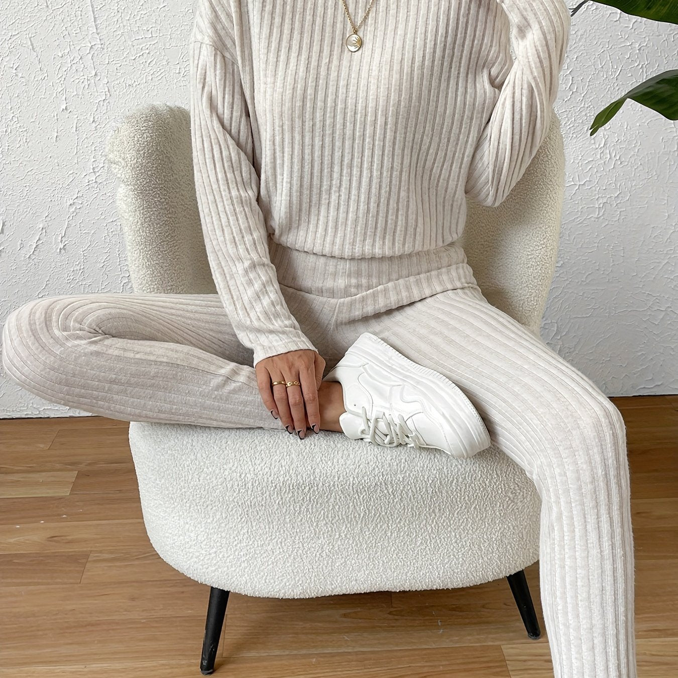 Ribbed Knit Two piece Set Long Sleeve Crew Neck Top & Slim Pants