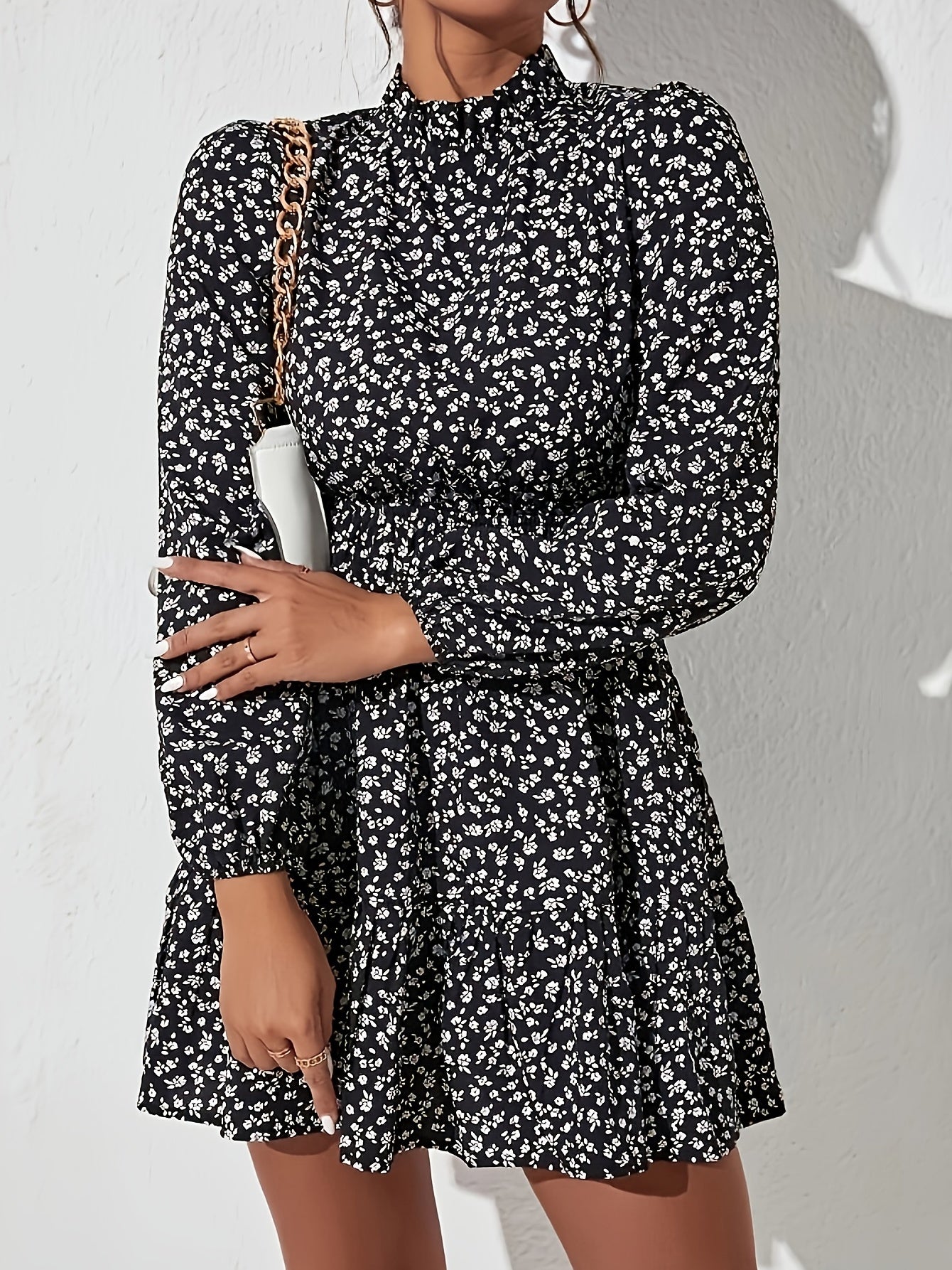Floral Print Mock Neck Dress Elastic Waist Long Sleeve Mini Dress