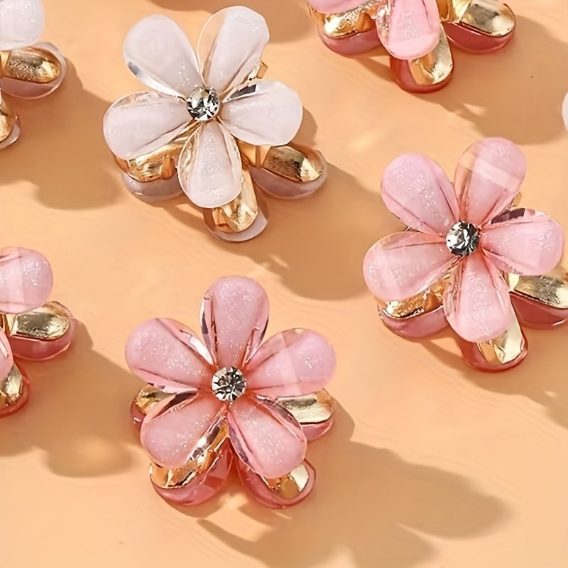 10pcs Pink Flower Rhinestone Hair Claw Ladies Clip Alloy Accessories