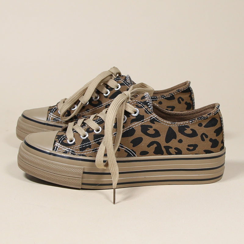 Leopard Print Canvas Platform Shoes Lace Up Low Top Women's Shoes