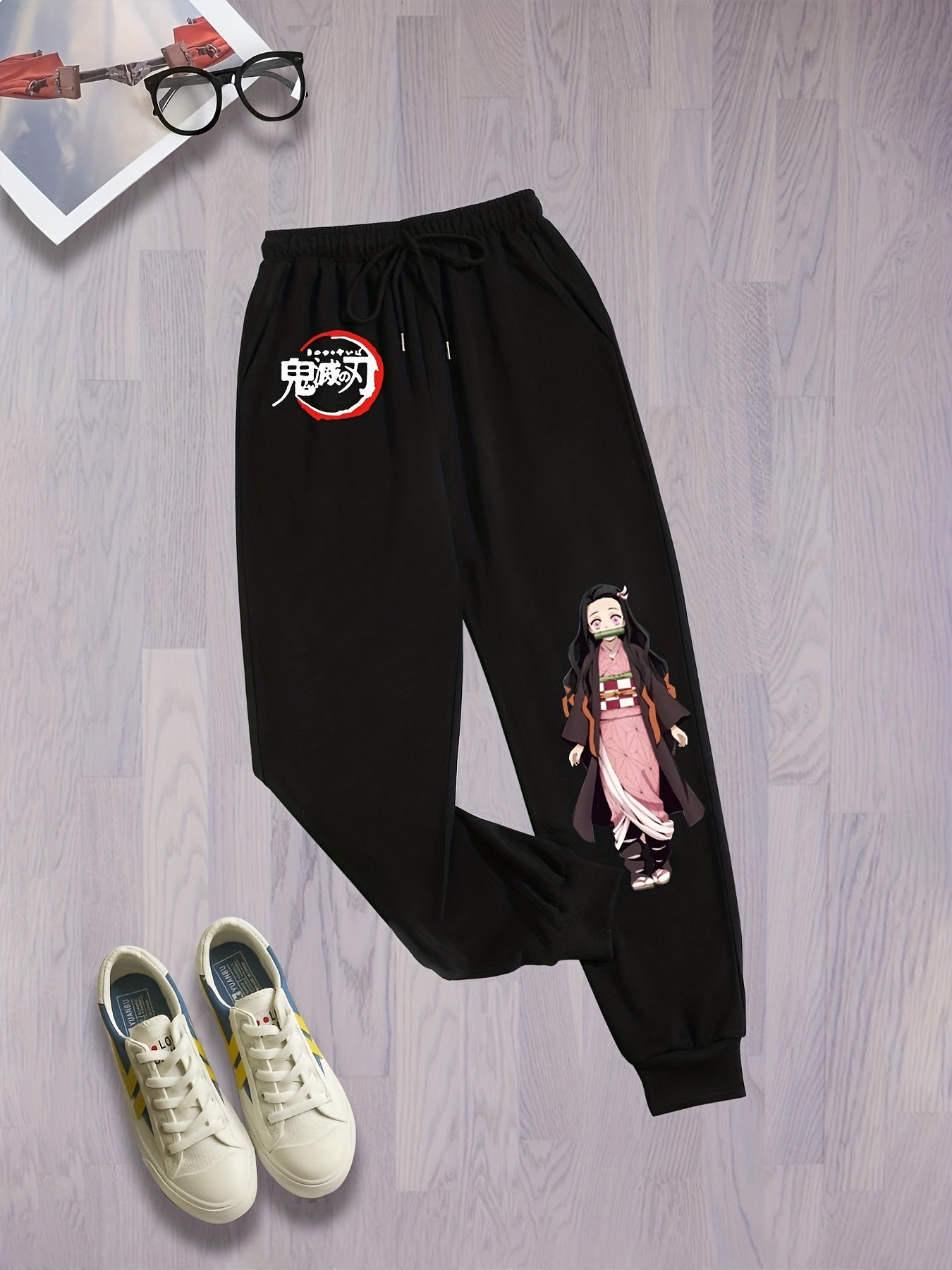 Anime Print Drawstring Sweatpants Plus Size Women's Slight Stretch Loose Fit